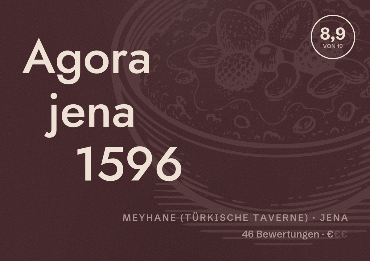 Illustriertes Poster von Agora jena 1596, Meyhane (Türkische Taverne) in Jena: Bewertung 8,9 von 10 aus 46 Bewertungen, Preisniveau €