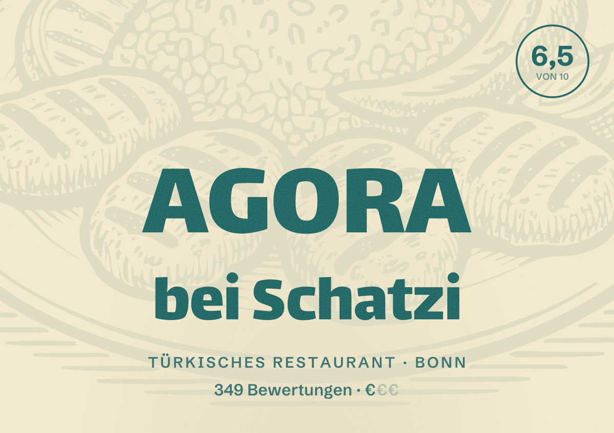Illustriertes Poster von AGORA bei Schatzi, Türkisches Restaurant in Bonn: Bewertung 6,5 von 10 aus 349 Bewertungen, Preisniveau €