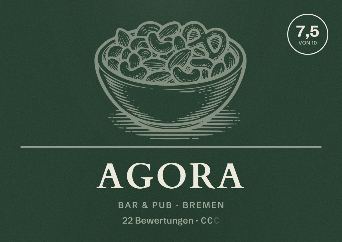 Illustriertes Poster von Agora, Bar & Pub in Bremen: Bewertung 7,5 von 10 aus 22 Bewertungen, Preisniveau €€