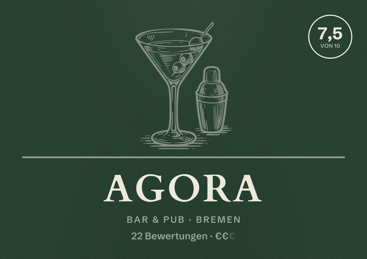 Illustriertes Poster von Agora, Bar & Pub in Bremen: Bewertung 7,5 von 10 aus 22 Bewertungen, Preisniveau €€