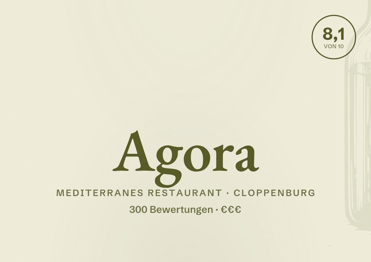 Illustriertes Poster von Agora, Mediterranes Restaurant in Cloppenburg: Bewertung 8,1 von 10 aus 300 Bewertungen, Preisniveau €€€