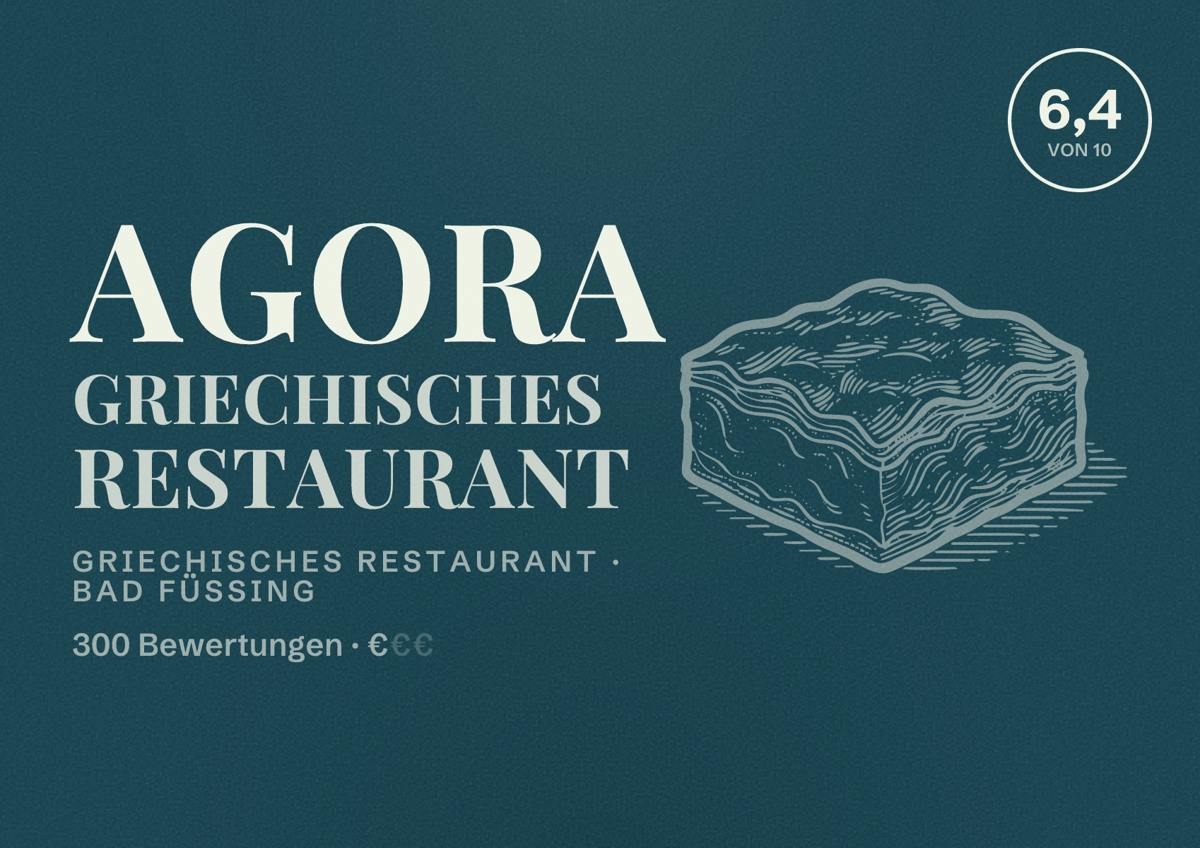 Illustriertes Poster von AGORA Griechisches Restaurant, Griechisches Restaurant in Bad Füssing: Bewertung 6,4 von 10 aus 300 Bewertungen, Preisniveau €