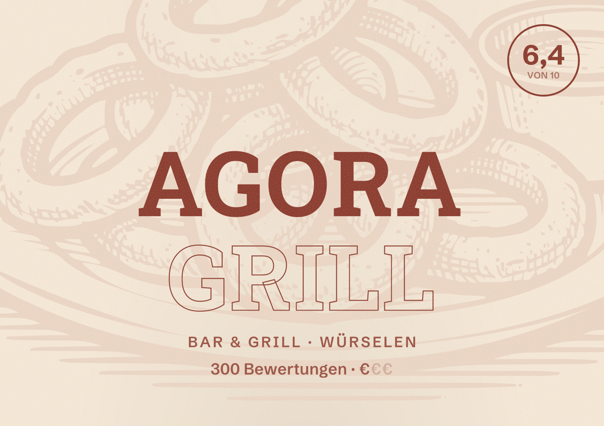 Illustriertes Poster von Agora Grill, Bar & Grill in Würselen: Bewertung 6,4 von 10 aus 300 Bewertungen, Preisniveau €