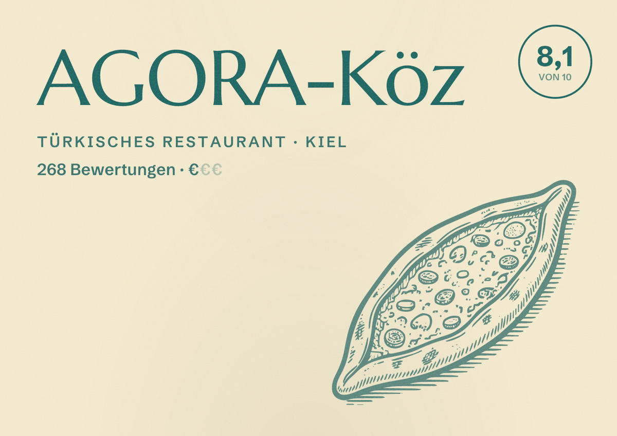 Illustriertes Poster von AGORA-Köz, Türkisches Restaurant in Kiel: Bewertung 8,1 von 10 aus 268 Bewertungen, Preisniveau €