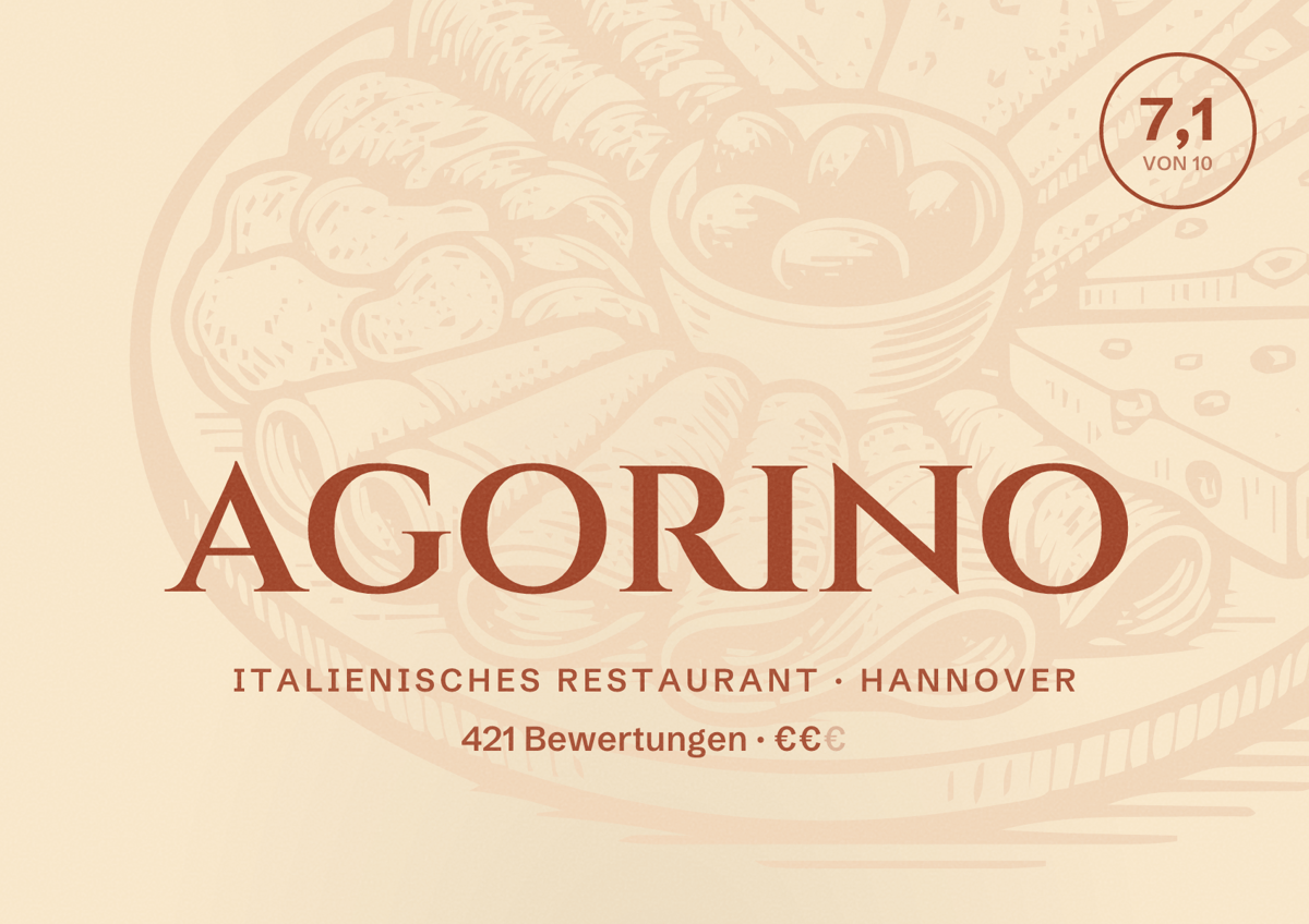 Illustriertes Poster von agorino, Italienisches Restaurant in Hannover: Bewertung 7,1 von 10 aus 421 Bewertungen, Preisniveau €€