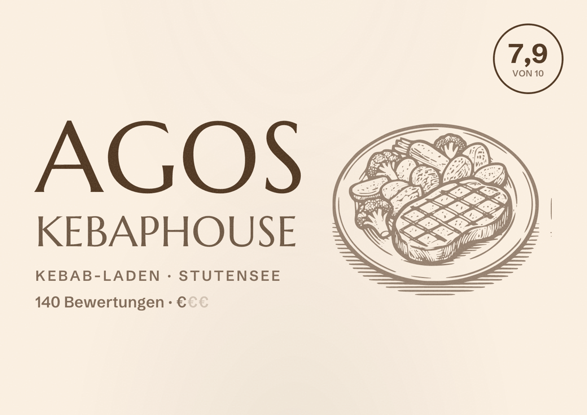 Illustriertes Poster von Agos Kebaphouse, Kebab-Laden in Stutensee: Bewertung 7,9 von 10 aus 140 Bewertungen, Preisniveau €