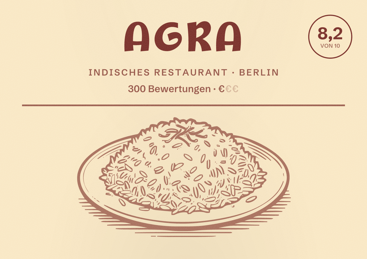 Illustriertes Poster von Agra, Indisches Restaurant in Berlin: Bewertung 8,2 von 10 aus 300 Bewertungen, Preisniveau €