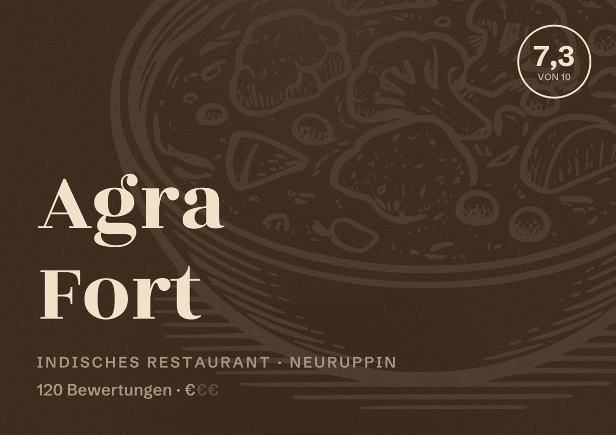 Illustriertes Poster von Agra Fort, Indisches Restaurant in Neuruppin: Bewertung 7,3 von 10 aus 120 Bewertungen, Preisniveau €