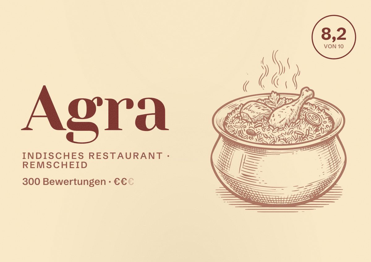 Illustriertes Poster von Agra, Indisches Restaurant in Remscheid: Bewertung 8,2 von 10 aus 300 Bewertungen, Preisniveau €€