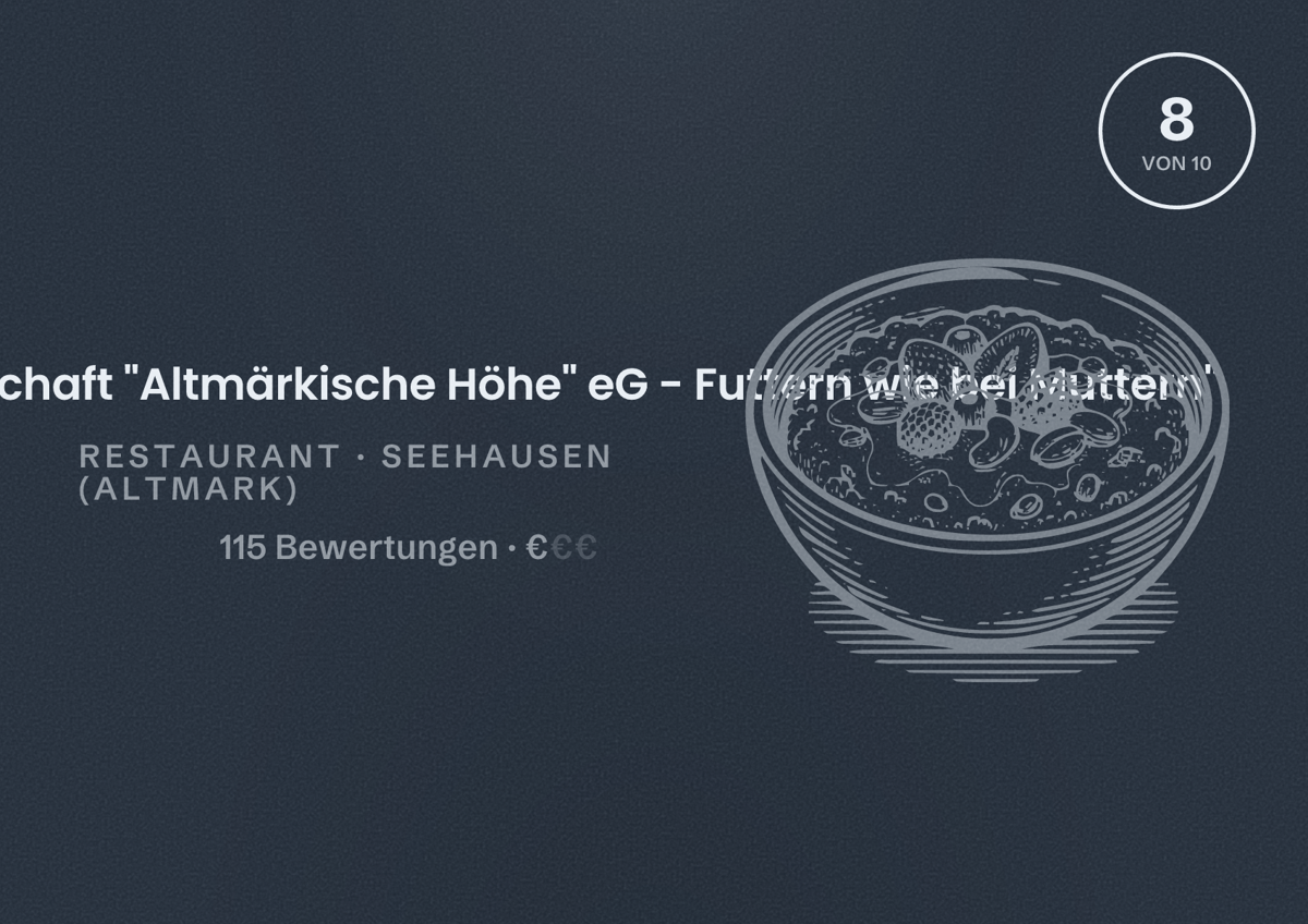Illustriertes Poster von Agrar-Genossenschaft "Altmärkische Höhe" eG - Futtern wie bei Muttern", Restaurant in Seehausen (Altmark): Bewertung 8 von 10 aus 115 Bewertungen, Preisniveau €