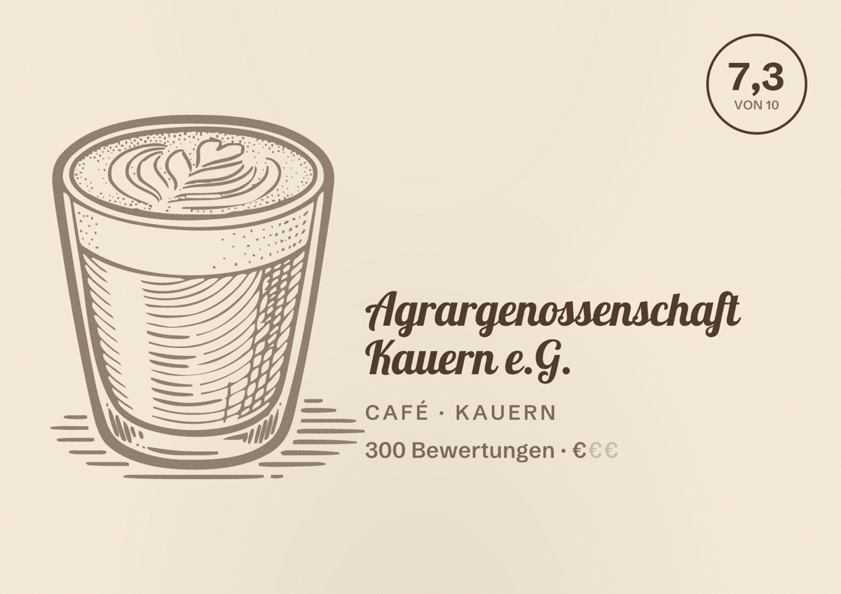 Illustriertes Poster von Agrargenossenschaft Kauern e.G., Café in Kauern: Bewertung 7,3 von 10 aus 300 Bewertungen, Preisniveau €