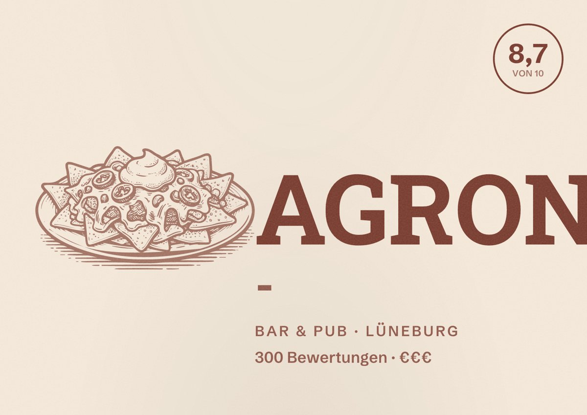 Illustriertes Poster von AGRON -, Bar & Pub in Lüneburg: Bewertung 8,7 von 10 aus 300 Bewertungen, Preisniveau €€€