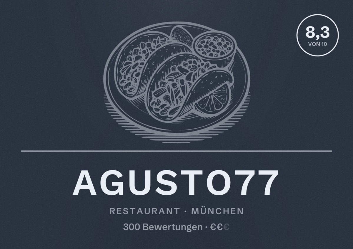 Illustriertes Poster von Agusto77, Restaurant in München: Bewertung 8,3 von 10 aus 300 Bewertungen, Preisniveau €€