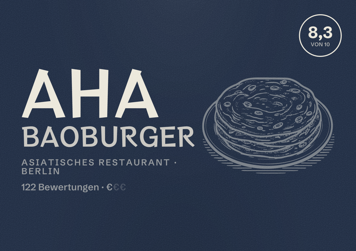 Illustriertes Poster von Aha Baoburger, Asiatisches Restaurant in Berlin: Bewertung 8,3 von 10 aus 122 Bewertungen, Preisniveau €