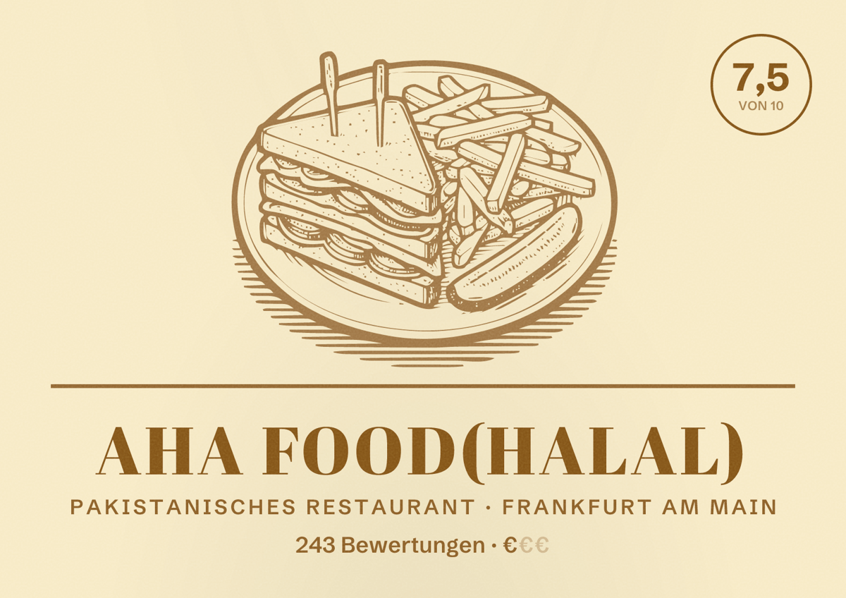 Illustriertes Poster von Aha food(Halal), Pakistanisches Restaurant in Frankfurt am Main: Bewertung 7,5 von 10 aus 243 Bewertungen, Preisniveau €