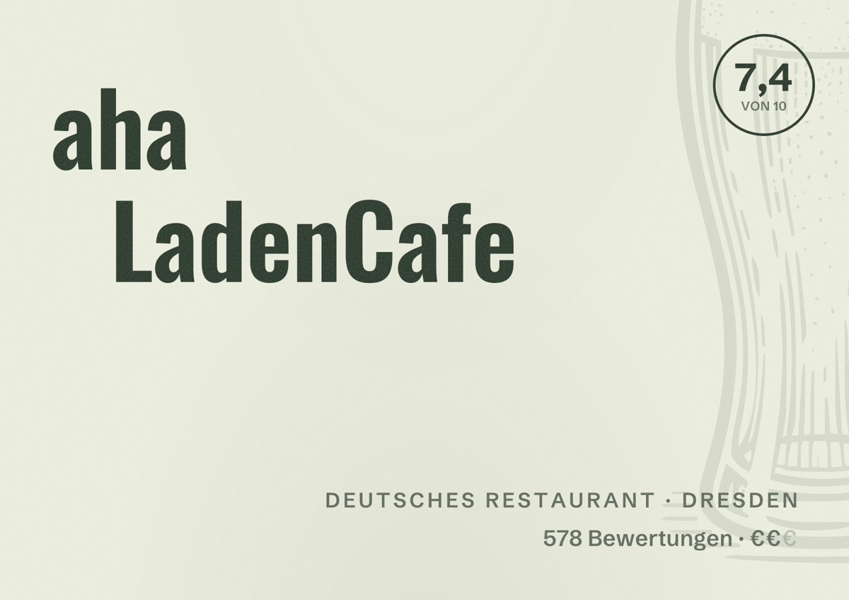 Illustriertes Poster von aha LadenCafe, Deutsches Restaurant in Dresden: Bewertung 7,4 von 10 aus 578 Bewertungen, Preisniveau €€