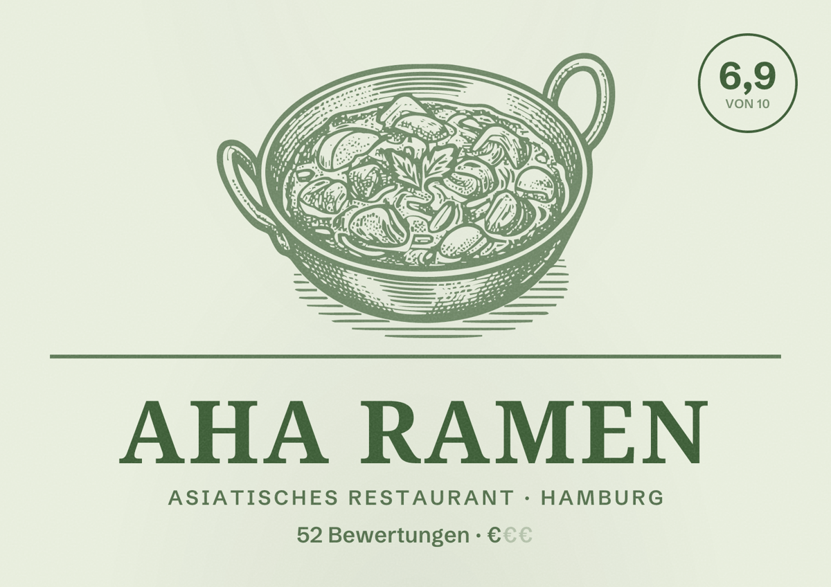 Illustriertes Poster von AHA Ramen, Asiatisches Restaurant in Hamburg: Bewertung 6,9 von 10 aus 52 Bewertungen, Preisniveau €