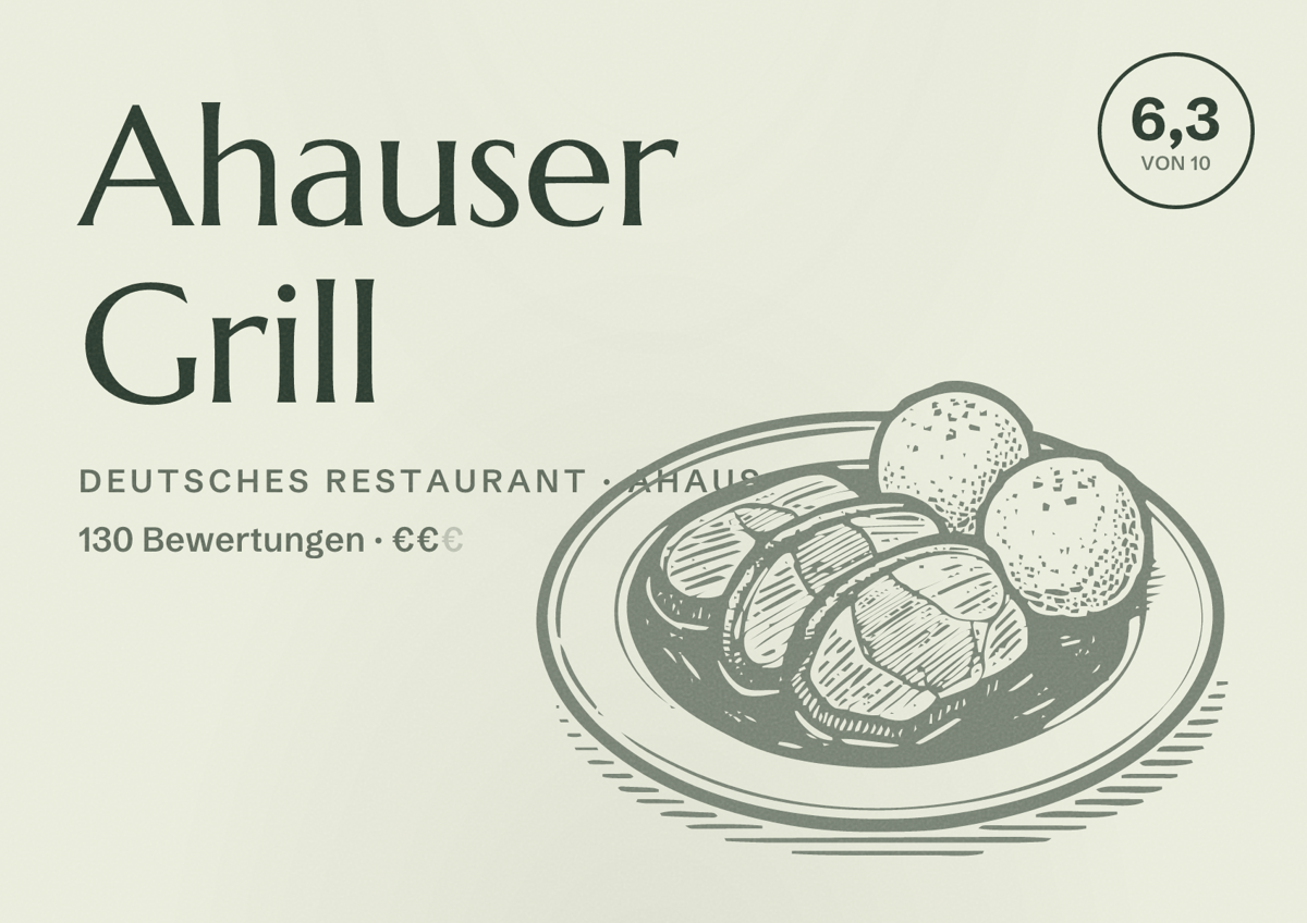 Illustriertes Poster von Ahauser Grill, Deutsches Restaurant in Ahaus: Bewertung 6,3 von 10 aus 130 Bewertungen, Preisniveau €€