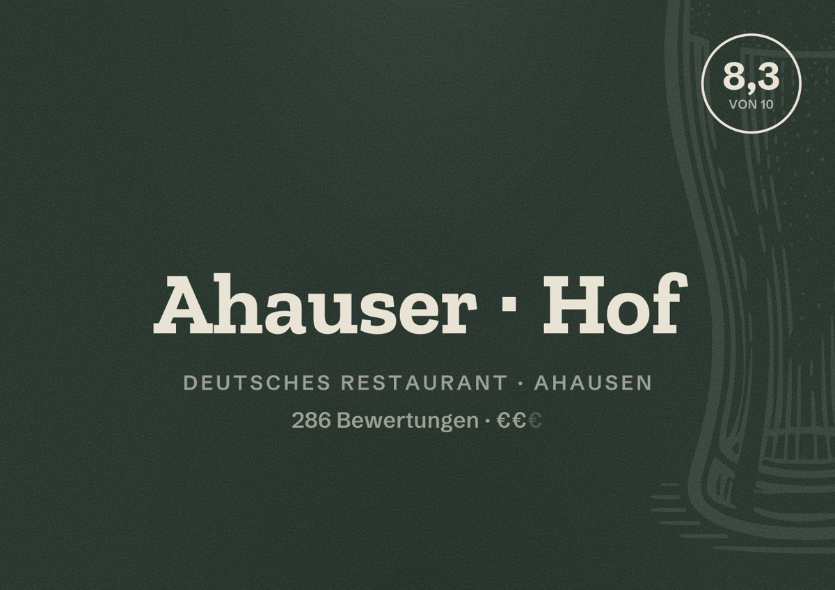 Illustriertes Poster von Ahauser Hof, Deutsches Restaurant in Ahausen: Bewertung 8,3 von 10 aus 286 Bewertungen, Preisniveau €€