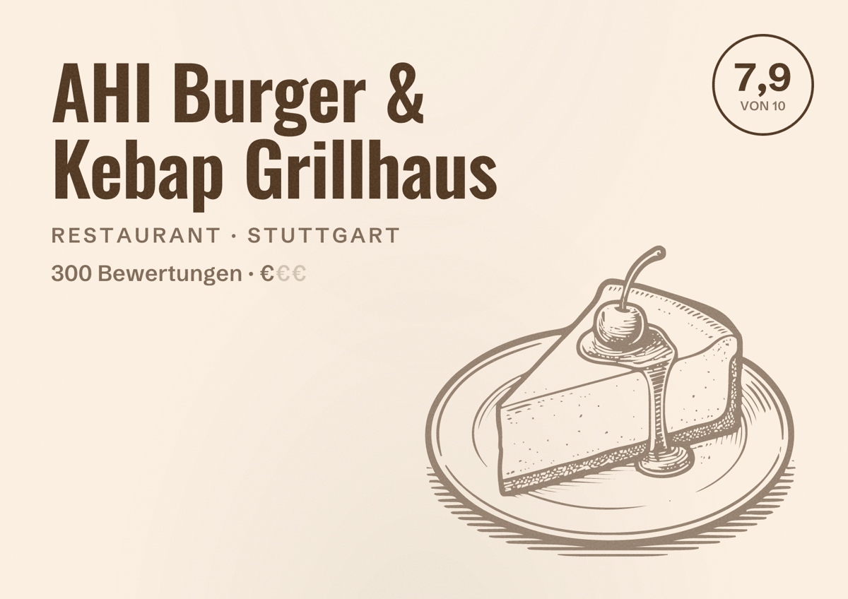 Illustriertes Poster von AHI Burger & Kebap Grillhaus, Restaurant in Stuttgart: Bewertung 7,9 von 10 aus 300 Bewertungen, Preisniveau €
