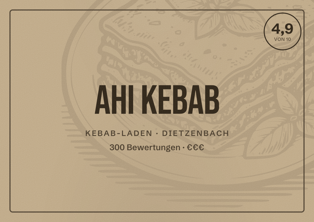 Illustriertes Poster von Ahi Kebab, Kebab-Laden in Dietzenbach: Bewertung 4,9 von 10 aus 300 Bewertungen, Preisniveau €€€