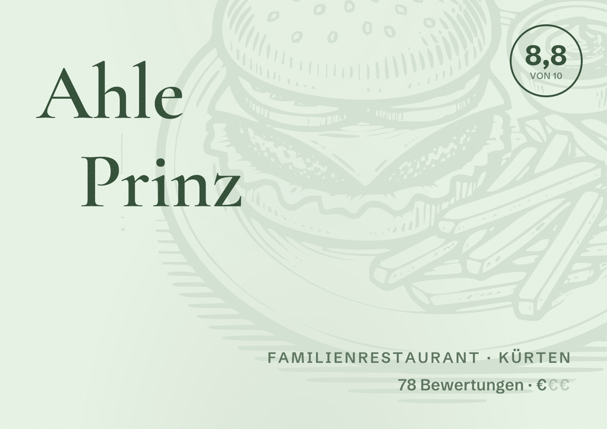 Illustriertes Poster von Ahle Prinz, Familienrestaurant in Kürten: Bewertung 8,8 von 10 aus 78 Bewertungen, Preisniveau €