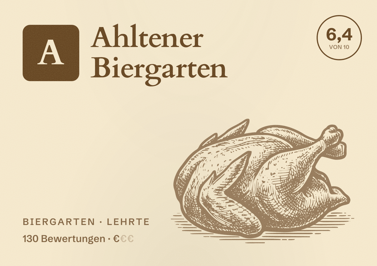 Illustriertes Poster von Ahltener Biergarten, Biergarten in Lehrte: Bewertung 6,4 von 10 aus 130 Bewertungen, Preisniveau €