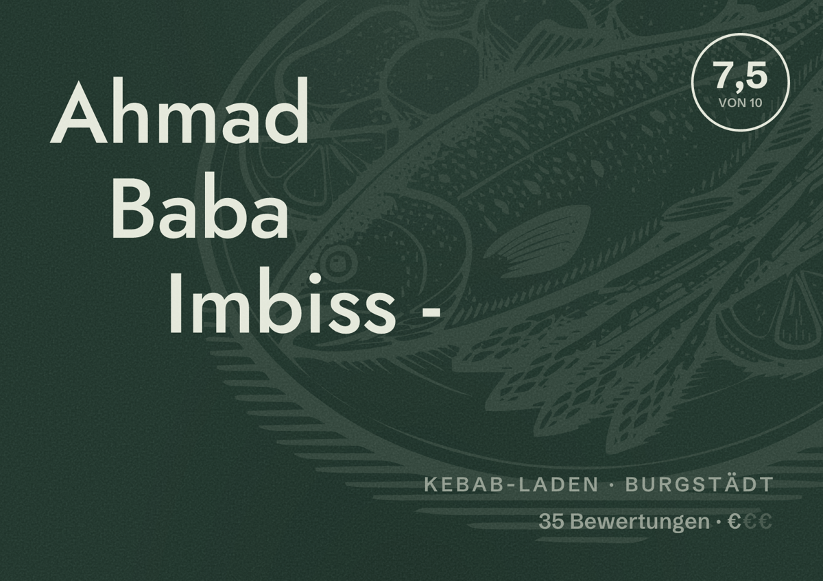 Illustriertes Poster von Ahmad Baba Imbiss -, Kebab-Laden in Burgstädt: Bewertung 7,5 von 10 aus 35 Bewertungen, Preisniveau €
