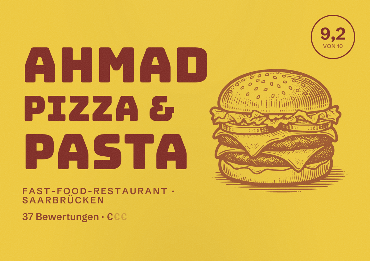 Illustriertes Poster von Ahmad Pizza & Pasta, Fast-Food-Restaurant in Saarbrücken: Bewertung 9,2 von 10 aus 37 Bewertungen, Preisniveau €