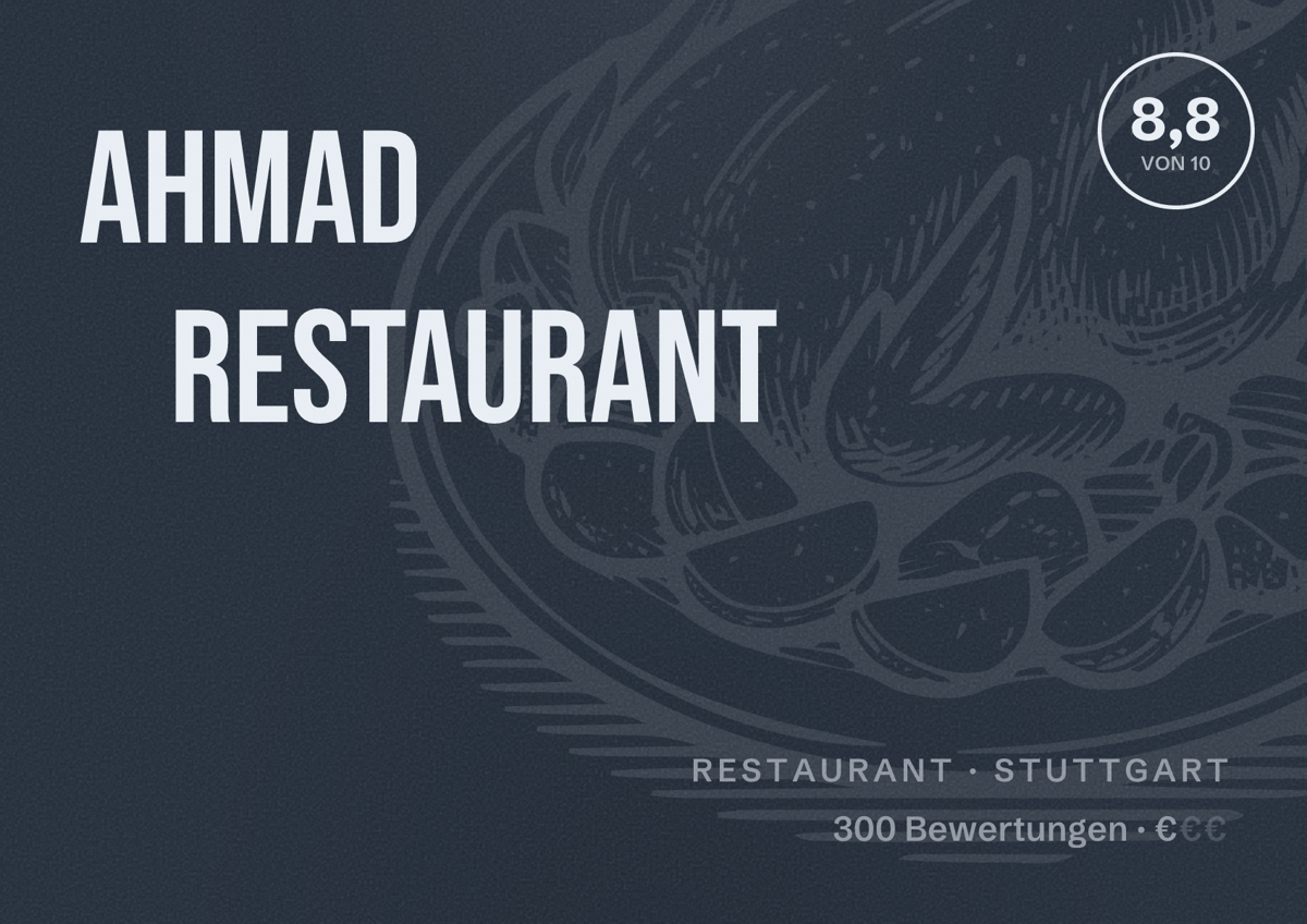 Illustriertes Poster von Ahmad Restaurant, Restaurant in Stuttgart: Bewertung 8,8 von 10 aus 300 Bewertungen, Preisniveau €