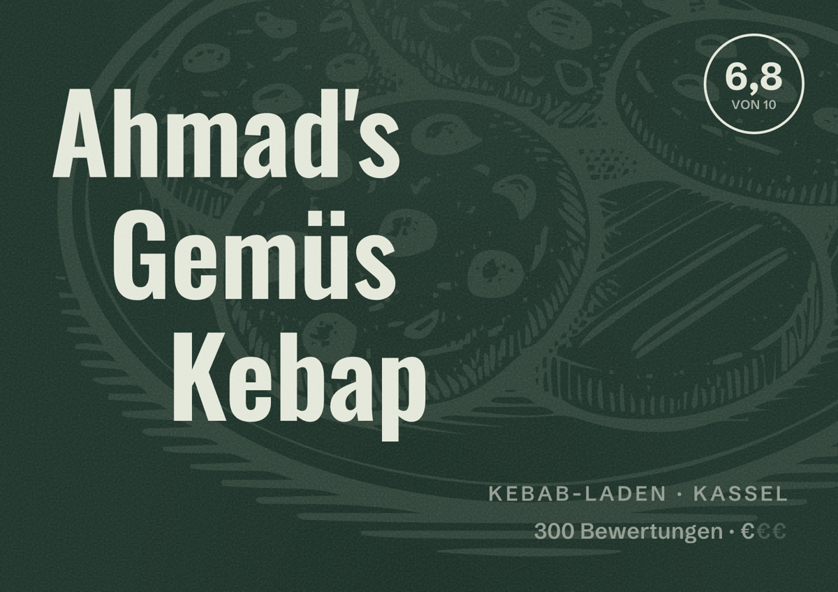 Illustriertes Poster von Ahmad's Gemüs Kebap, Kebab-Laden in Kassel: Bewertung 6,8 von 10 aus 300 Bewertungen, Preisniveau €