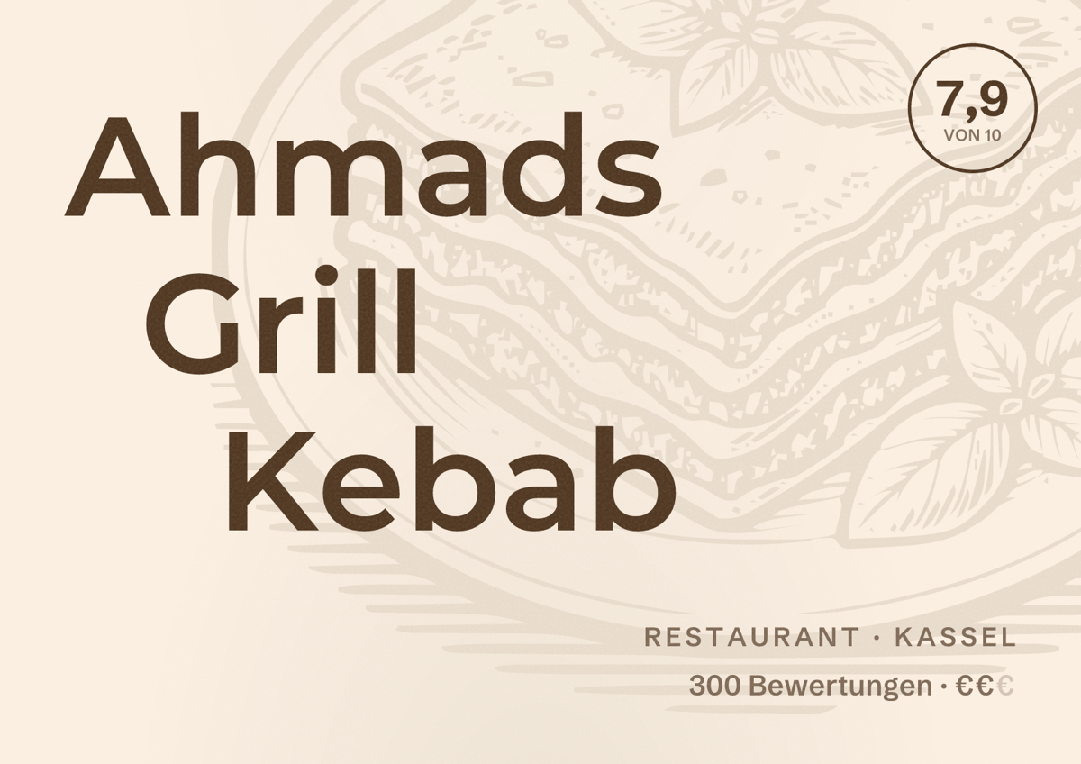Illustriertes Poster von Ahmads Grill Kebab, Restaurant in Kassel: Bewertung 7,9 von 10 aus 300 Bewertungen, Preisniveau €€