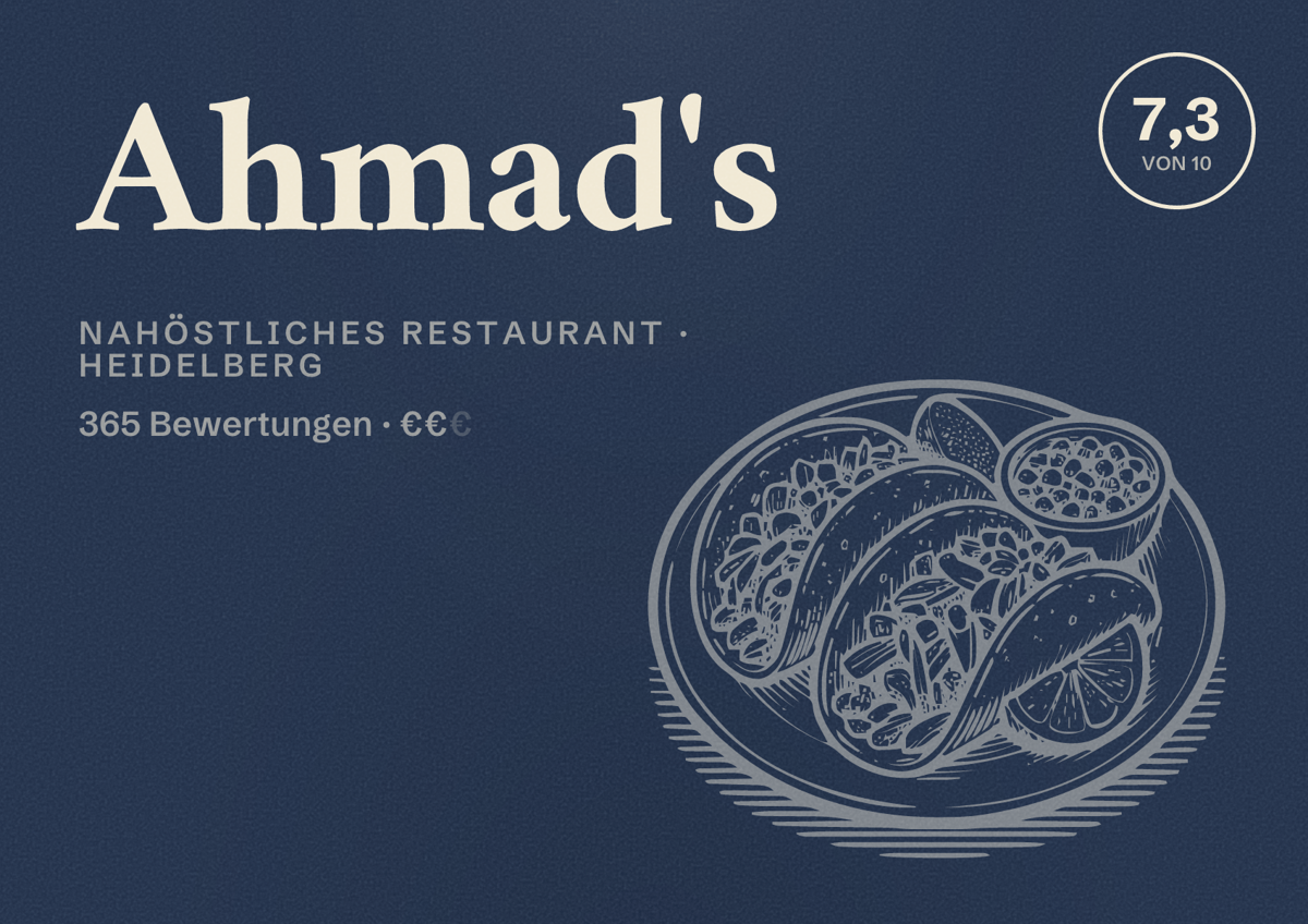 Illustriertes Poster von Ahmad's, Nahöstliches Restaurant in Heidelberg: Bewertung 7,3 von 10 aus 365 Bewertungen, Preisniveau €€