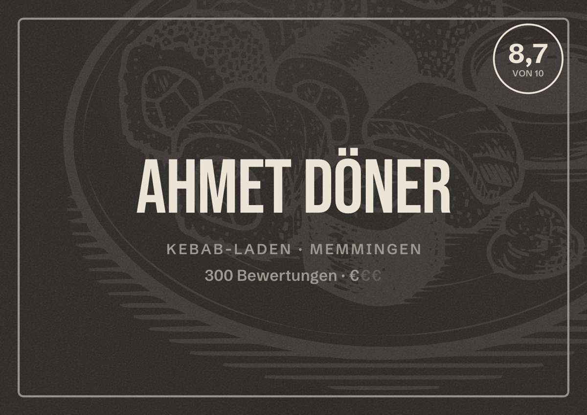 Illustriertes Poster von Ahmet Döner, Kebab-Laden in Memmingen: Bewertung 8,7 von 10 aus 300 Bewertungen, Preisniveau €