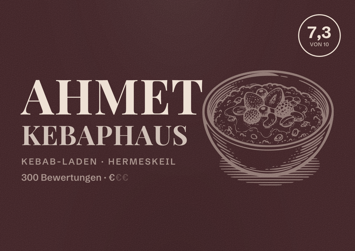 Illustriertes Poster von Ahmet Kebaphaus, Kebab-Laden in Hermeskeil: Bewertung 7,3 von 10 aus 300 Bewertungen, Preisniveau €