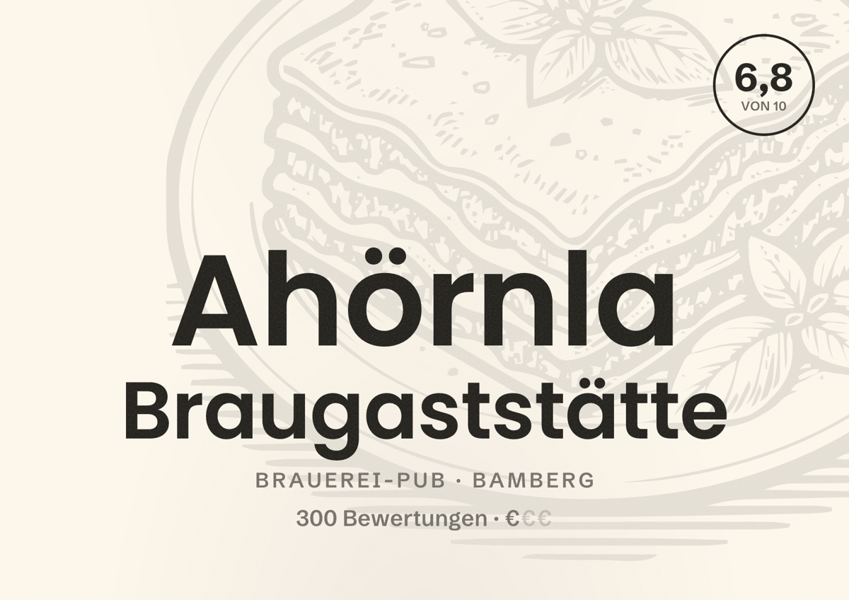 Illustriertes Poster von Ahörnla Braugaststätte, Brauerei-Pub in Bamberg: Bewertung 6,8 von 10 aus 300 Bewertungen, Preisniveau €