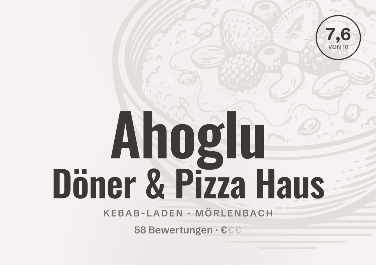 Illustriertes Poster von Ahoglu Döner & Pizza Haus, Kebab-Laden in Mörlenbach: Bewertung 7,6 von 10 aus 58 Bewertungen, Preisniveau €