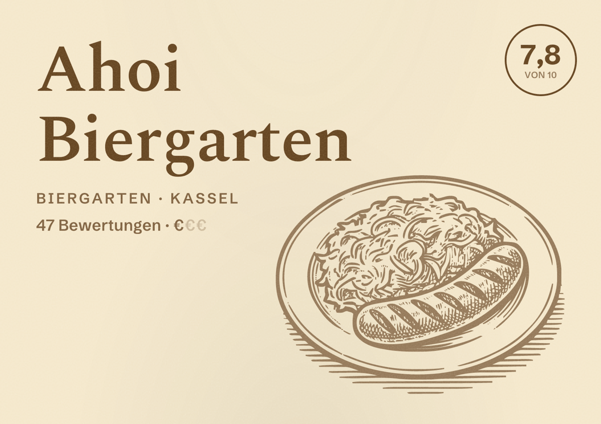 Illustriertes Poster von Ahoi Biergarten, Biergarten in Kassel: Bewertung 7,8 von 10 aus 47 Bewertungen, Preisniveau €