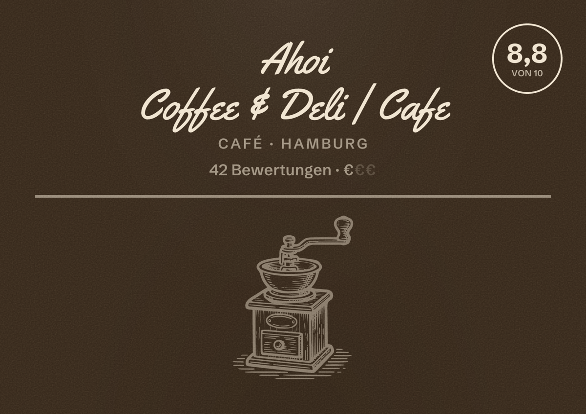 Illustriertes Poster von Ahoi Coffee & Deli | Cafe, Café in Hamburg: Bewertung 8,8 von 10 aus 42 Bewertungen, Preisniveau €