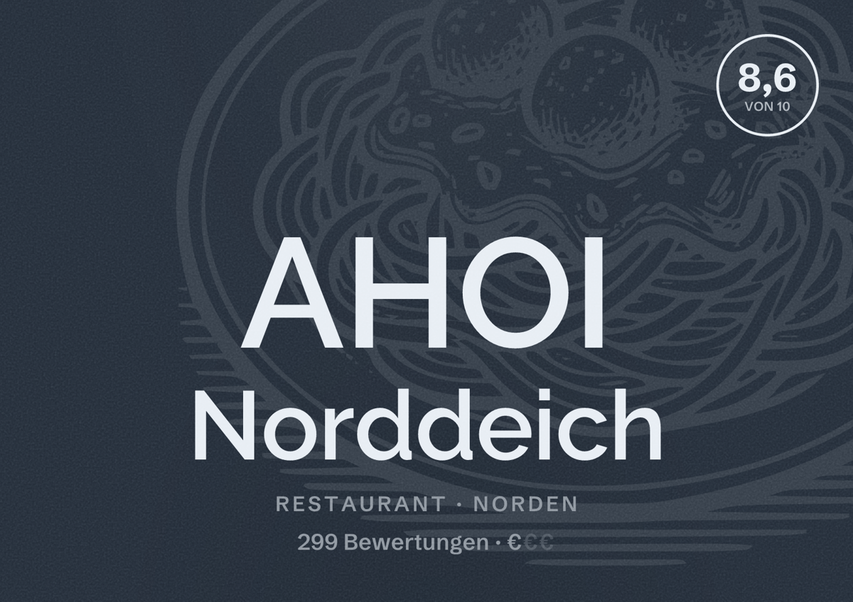 Illustriertes Poster von AHOI Norddeich, Restaurant in Norden: Bewertung 8,6 von 10 aus 299 Bewertungen, Preisniveau €