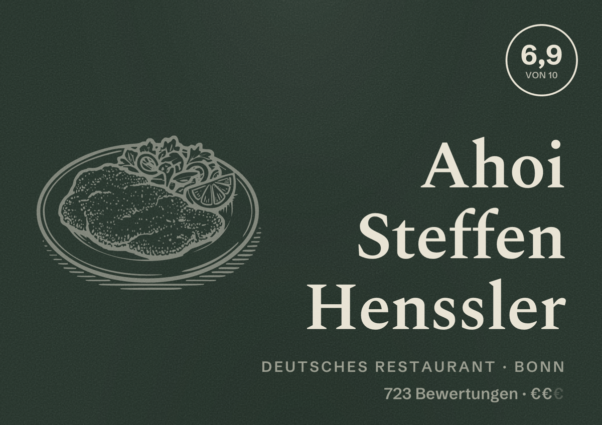 Illustriertes Poster von Ahoi Steffen Henssler, Deutsches Restaurant in Bonn: Bewertung 6,9 von 10 aus 723 Bewertungen, Preisniveau €€