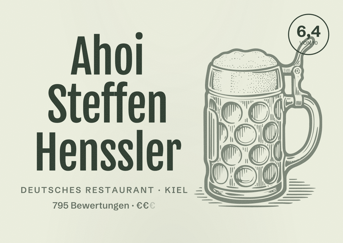 Illustriertes Poster von Ahoi Steffen Henssler, Deutsches Restaurant in Kiel: Bewertung 6,4 von 10 aus 795 Bewertungen, Preisniveau €€