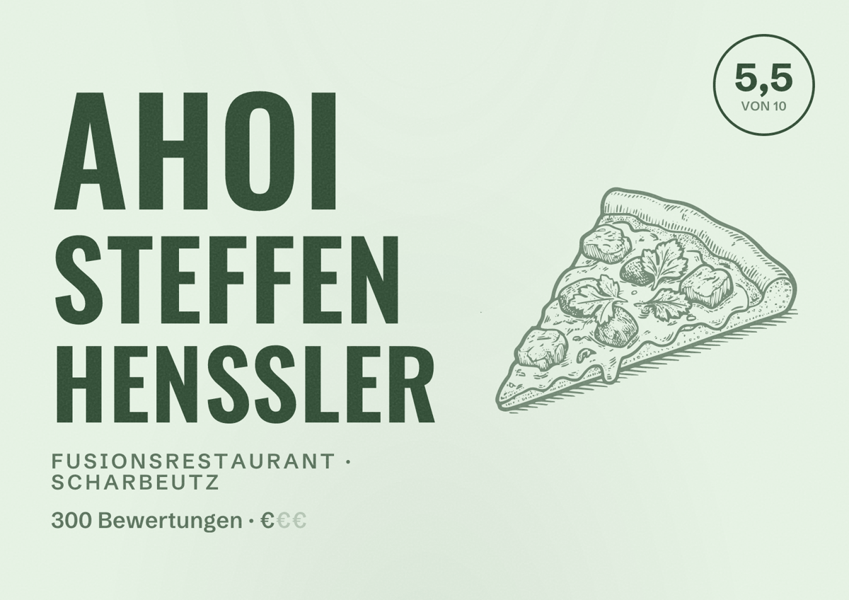 Illustriertes Poster von Ahoi Steffen Henssler, Fusionsrestaurant in Scharbeutz: Bewertung 5,5 von 10 aus 300 Bewertungen, Preisniveau €