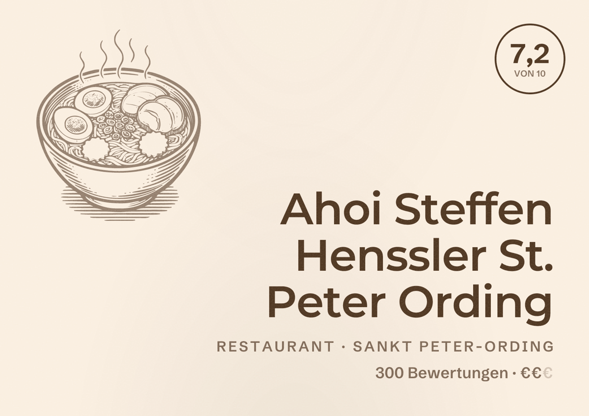 Illustriertes Poster von Ahoi Steffen Henssler St. Peter Ording, Restaurant in Sankt Peter-Ording: Bewertung 7,2 von 10 aus 300 Bewertungen, Preisniveau €€