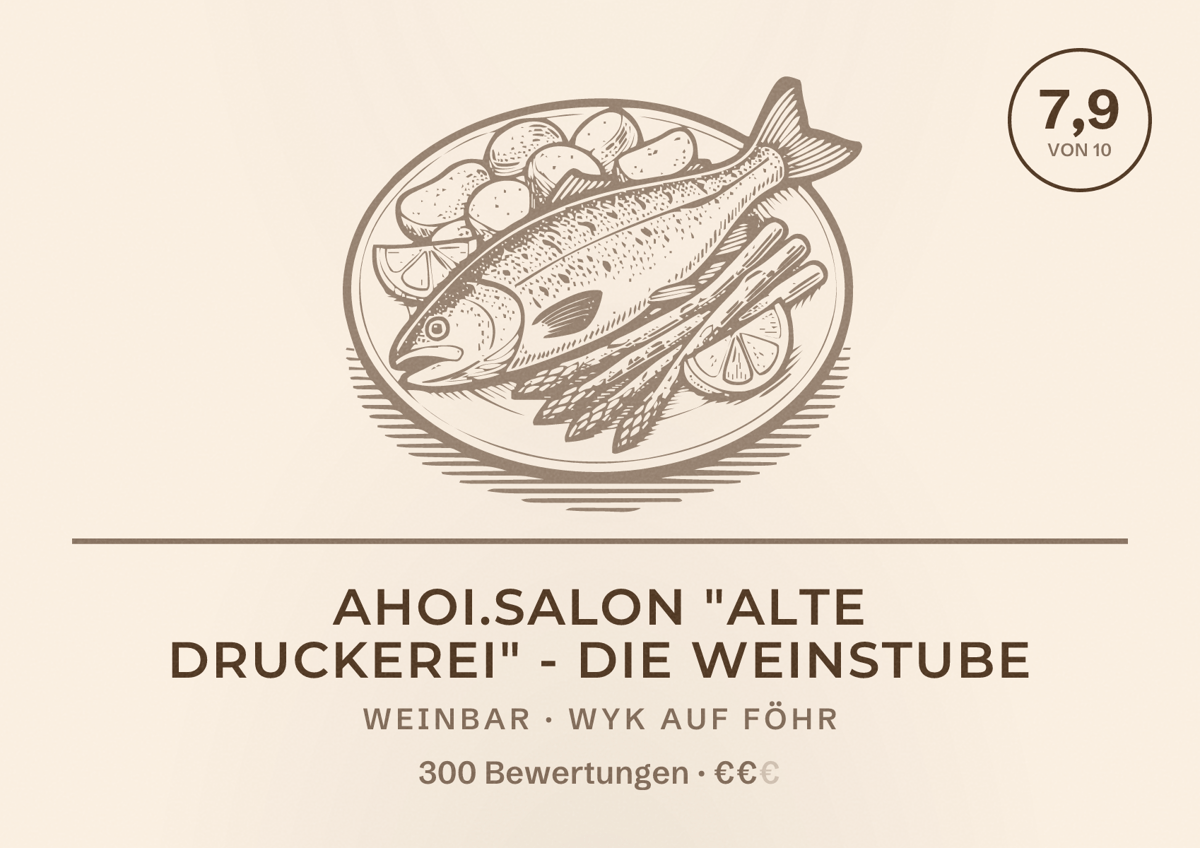 Illustriertes Poster von ahoi.salon "Alte Druckerei" - die weinstube, Weinbar in Wyk auf Föhr: Bewertung 7,9 von 10 aus 300 Bewertungen, Preisniveau €€