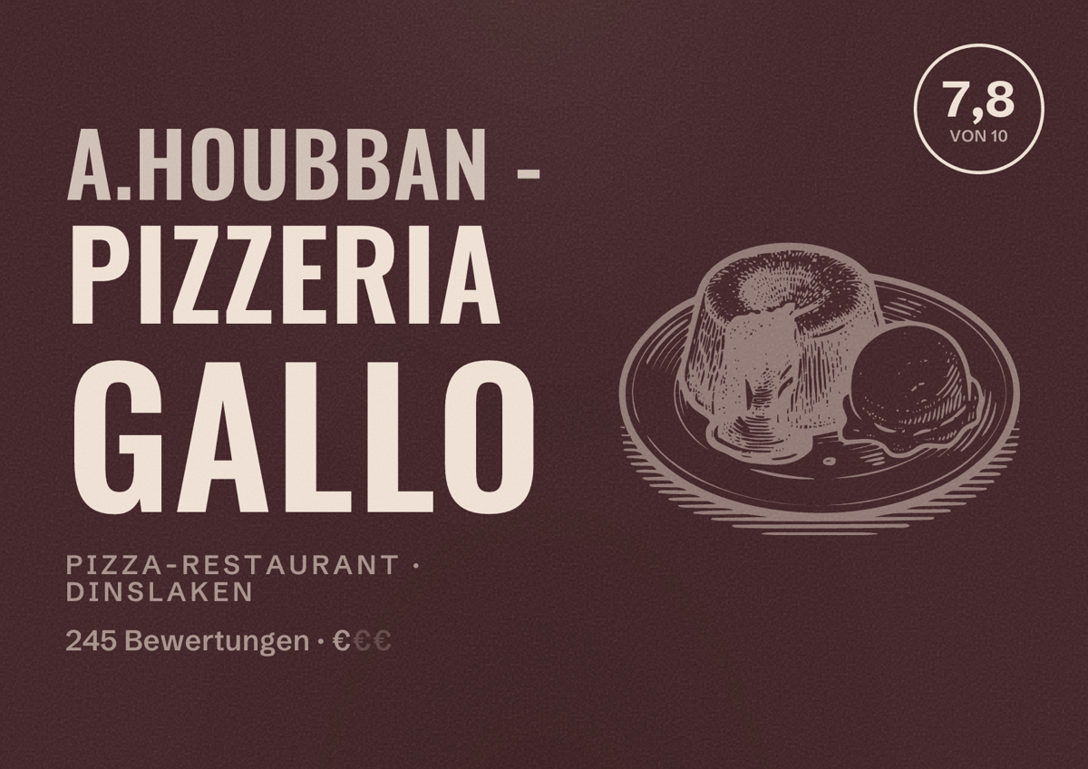 Illustriertes Poster von A.Houbban - PIZZERIA GALLO, Pizza-Restaurant in Dinslaken: Bewertung 7,8 von 10 aus 245 Bewertungen, Preisniveau €