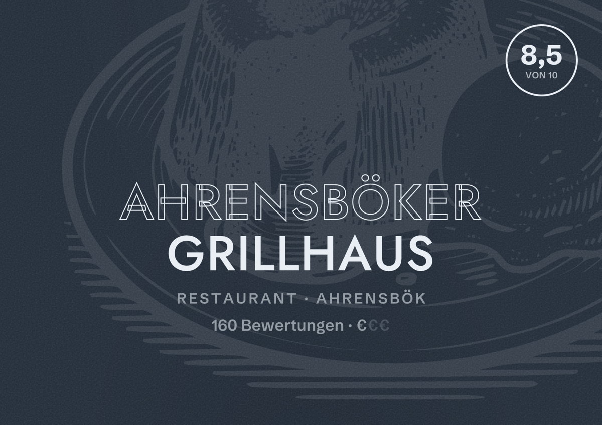 Illustriertes Poster von Ahrensböker Grillhaus, Restaurant in Ahrensbök: Bewertung 8,5 von 10 aus 160 Bewertungen, Preisniveau €