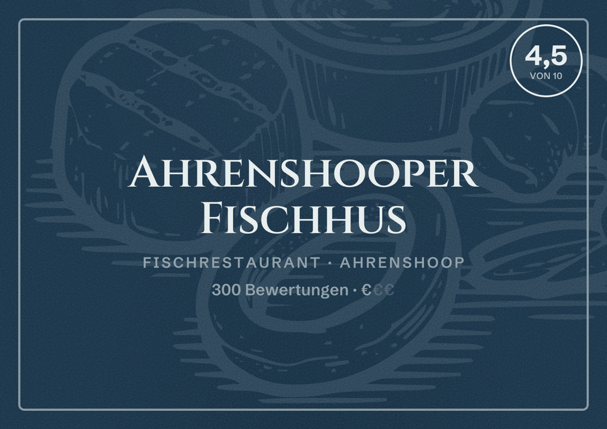 Illustriertes Poster von Ahrenshooper Fischhus, Fischrestaurant in Ahrenshoop: Bewertung 4,5 von 10 aus 300 Bewertungen, Preisniveau €