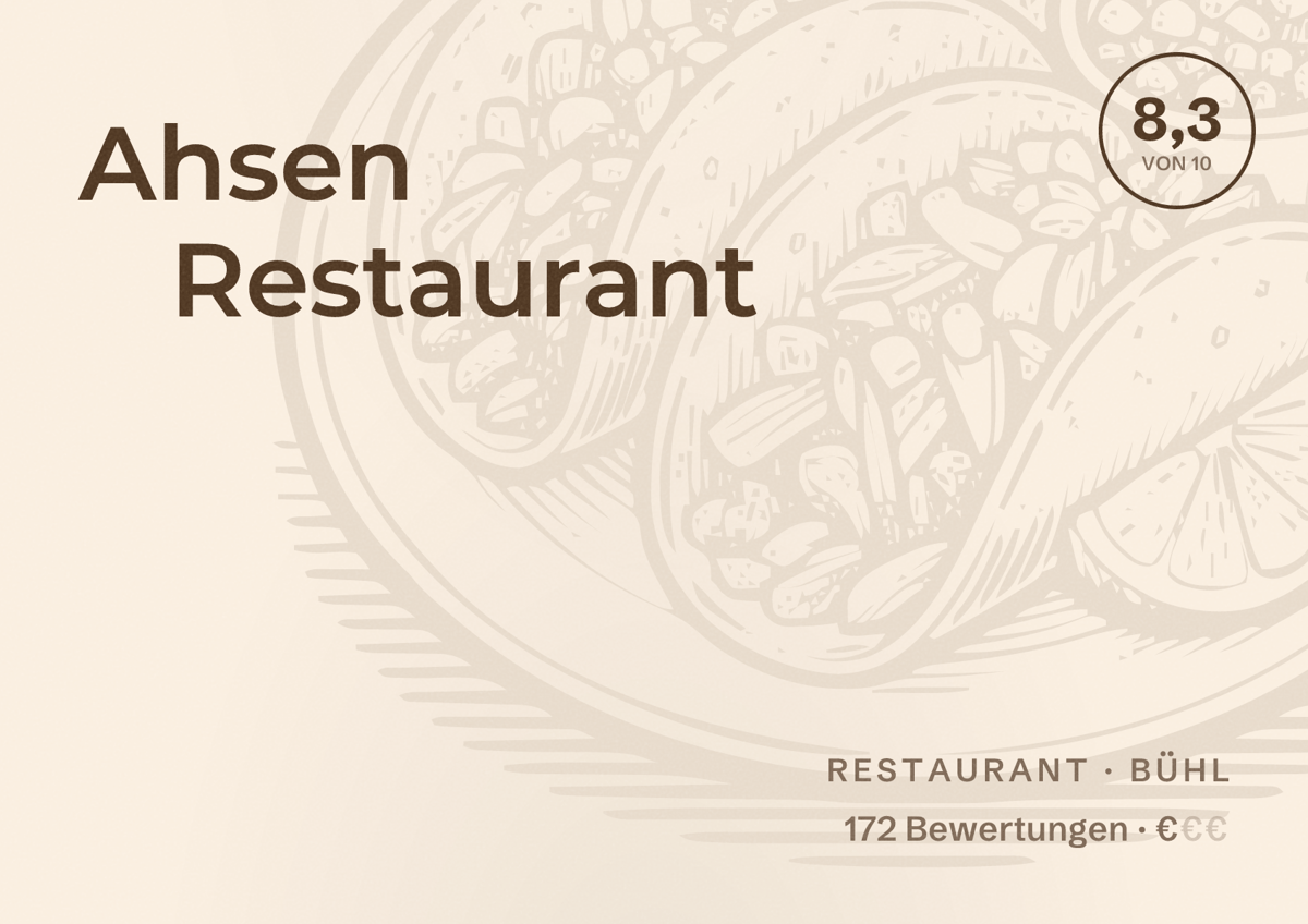 Illustriertes Poster von Ahsen Restaurant, Restaurant in Bühl: Bewertung 8,3 von 10 aus 172 Bewertungen, Preisniveau €