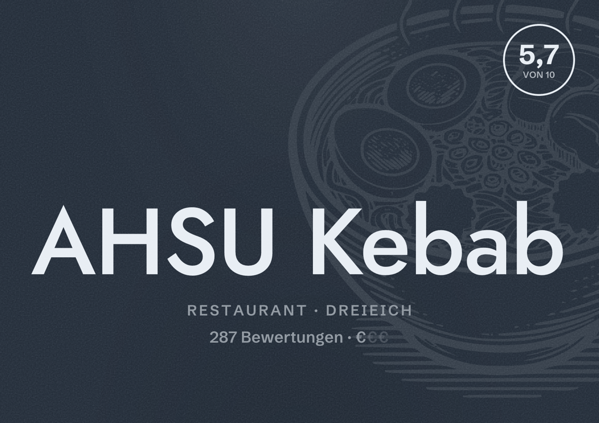 Illustriertes Poster von AHSU Kebab, Restaurant in Dreieich: Bewertung 5,7 von 10 aus 287 Bewertungen, Preisniveau €
